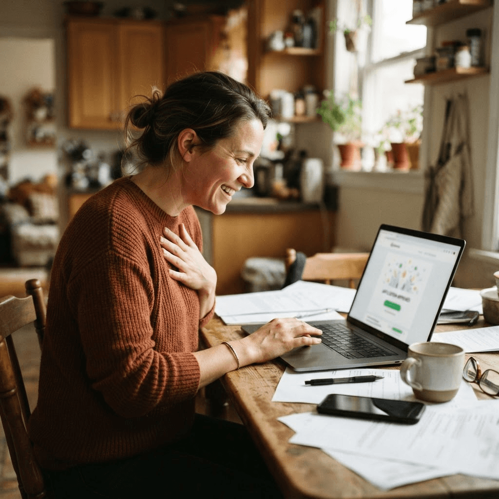 A person receiving a loan approval on a laptop at a kitchen table