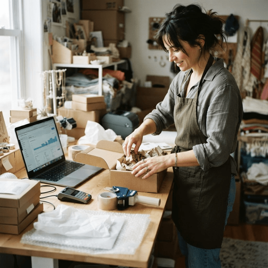 A small online-store owner packing orders next to a laptop showing a payments dashboard