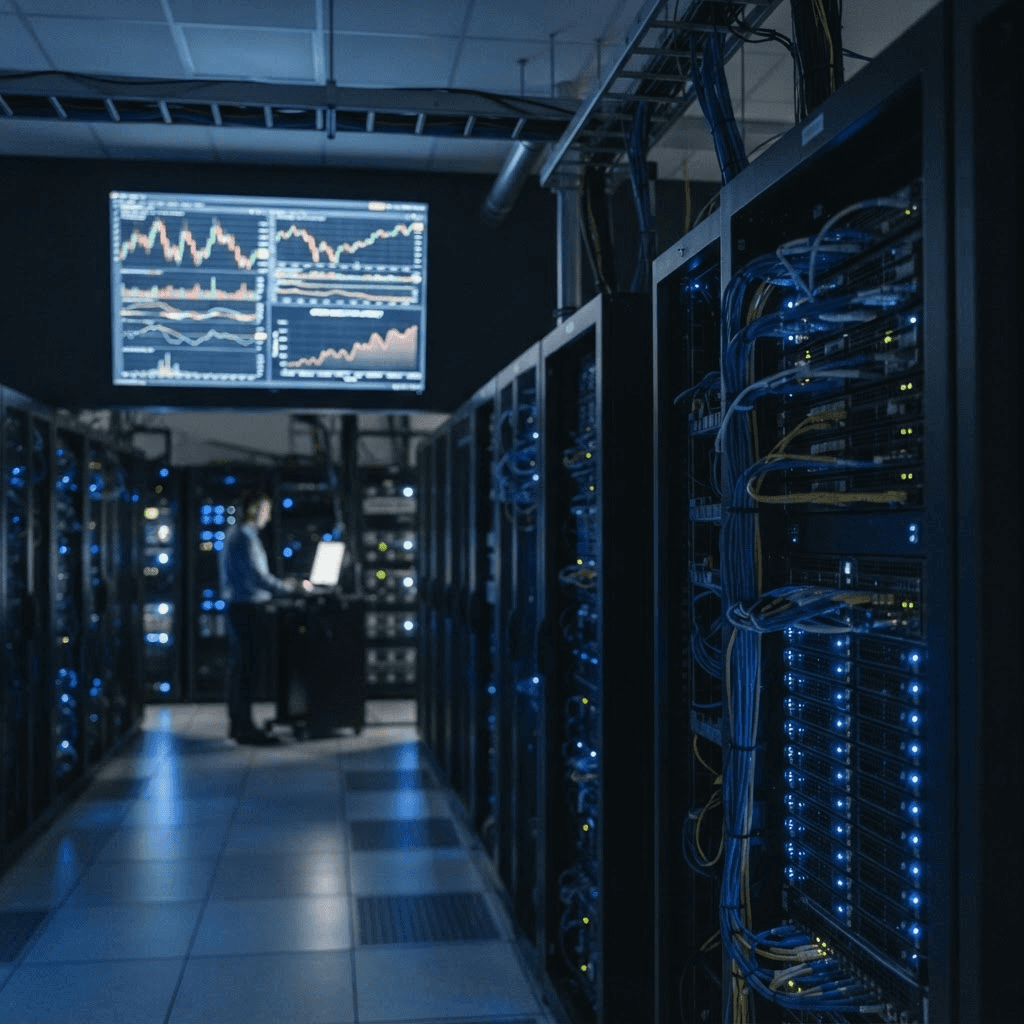 Rows of server racks in a data center with a wall monitor displaying trading charts