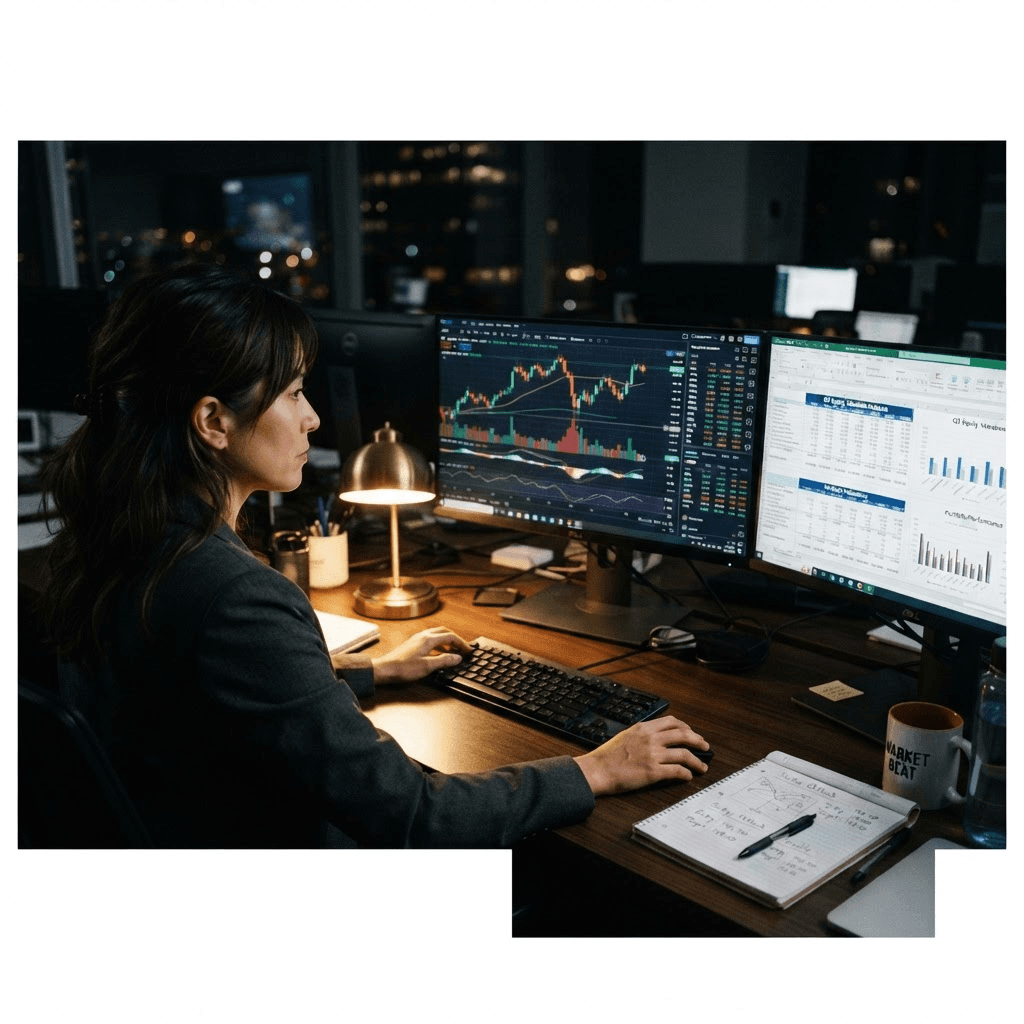 An equity analyst reviewing candlestick charts on three monitors