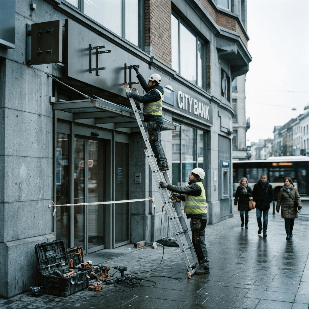 Workers installing new signage above a bank branch entrance