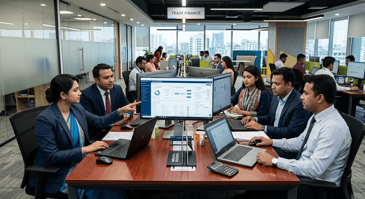 A Bangladesh trade finance team using a digital platform for import and export documents