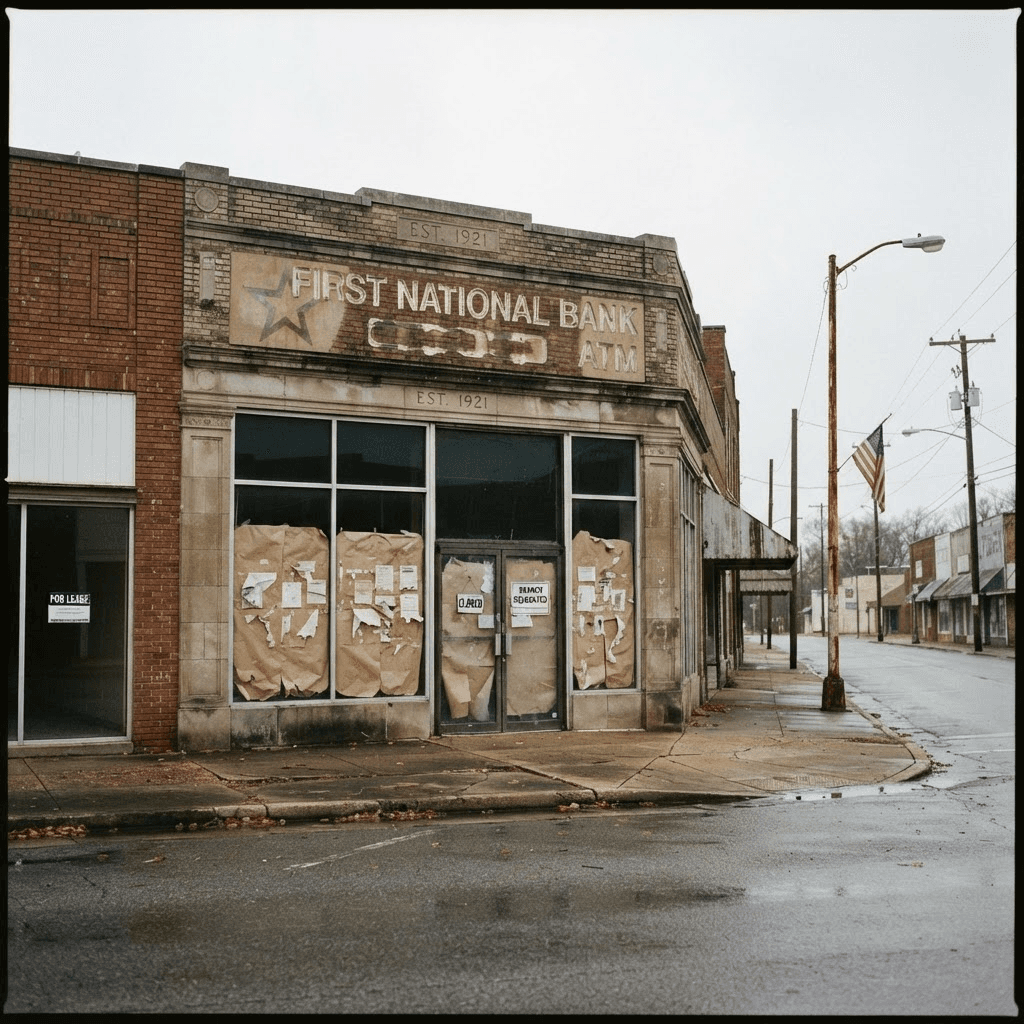 A closed bank branch with papered-over windows on a main street