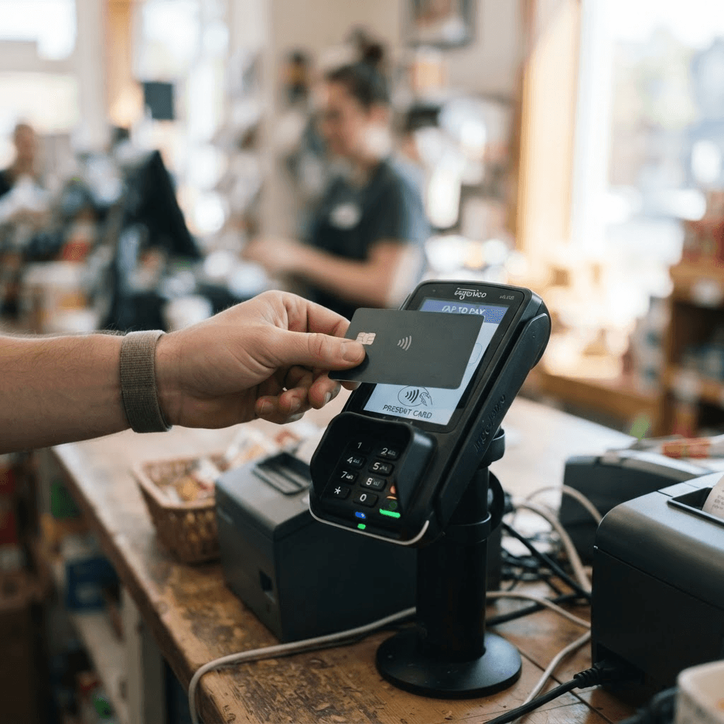 A hand tapping a payment card against a point-of-sale terminal reader