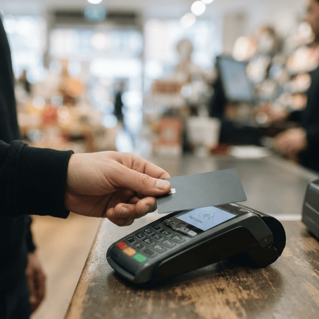 A hand tapping a payment card against a contactless card reader at a retail checkout