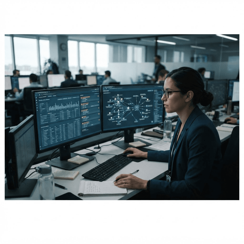 A financial-crime compliance analyst reviewing transaction-monitoring dashboards on several screens