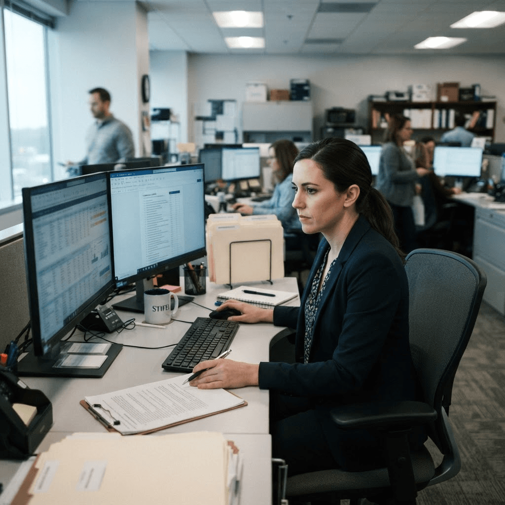 A loan-operations analyst reviewing account records and a compliance checklist on a monitor