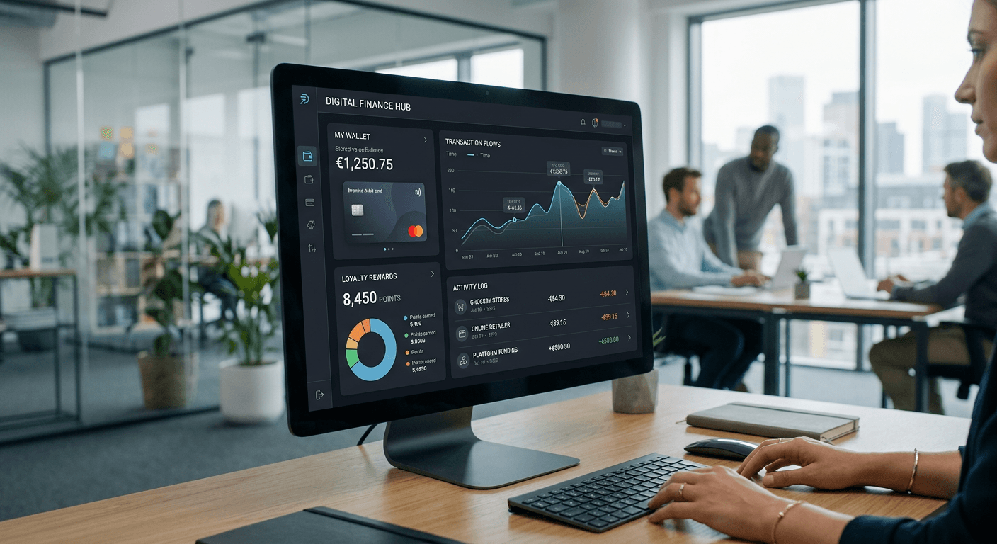An embedded-finance platform showing branded wallet, stored value and loyalty rewards capabilities