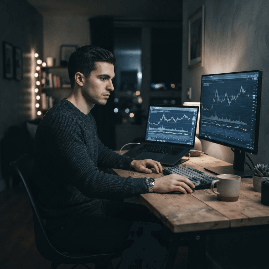 A person viewing cryptocurrency price charts on a laptop and second monitor