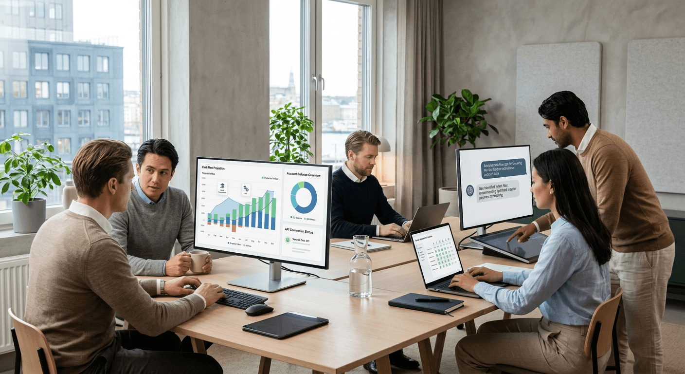 A Nordic business finance team using an AI assistant connected to bank account data