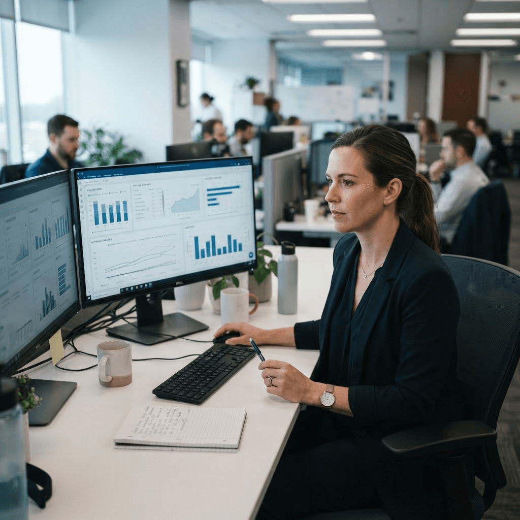 A collections operations manager reviewing account recovery data and outreach timelines on a monitor