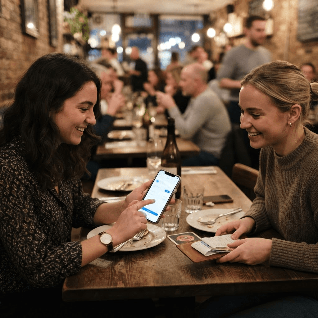 Two friends splitting a restaurant bill using a peer-to-peer payment app on a phone