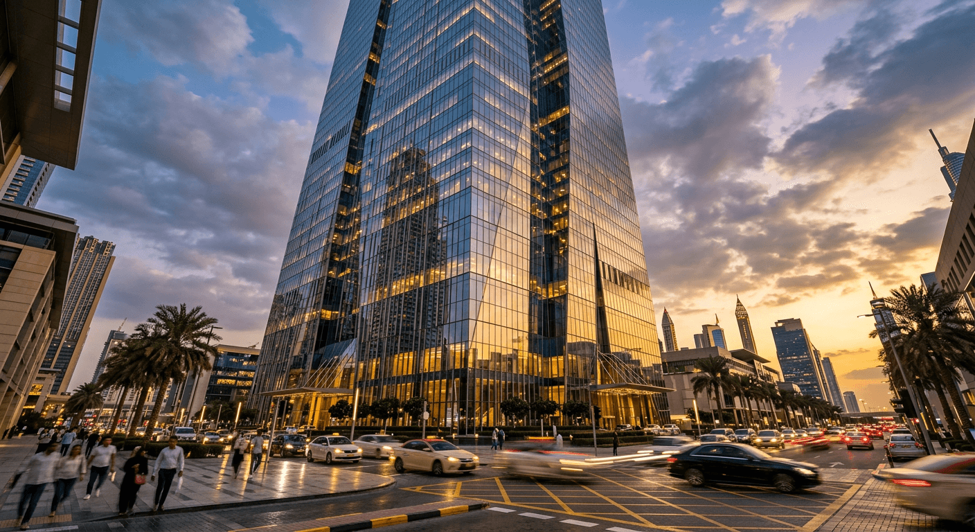 A modern glass bank headquarters tower in Dubai at dusk