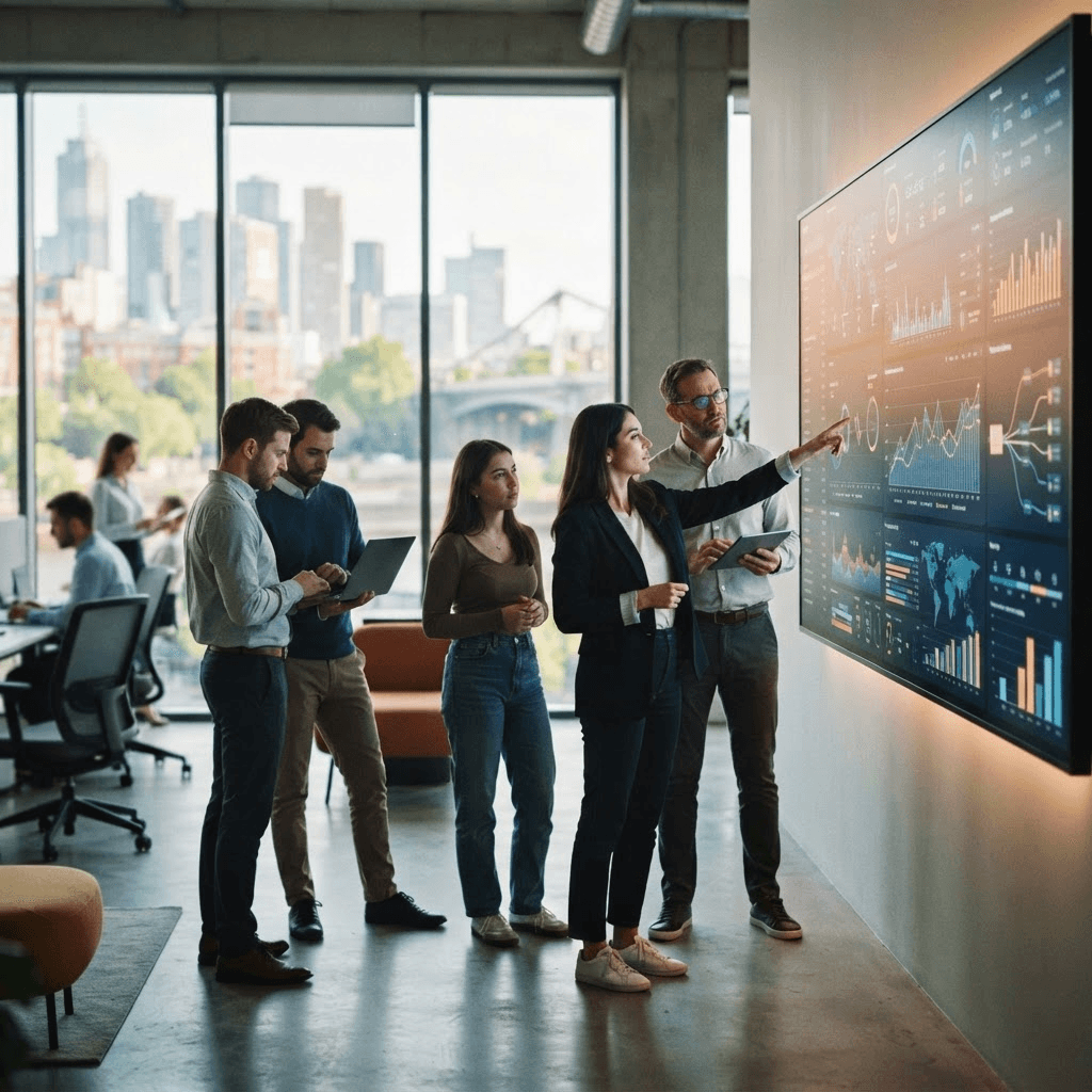 A payments operations team reviewing transaction analytics on a large wall display