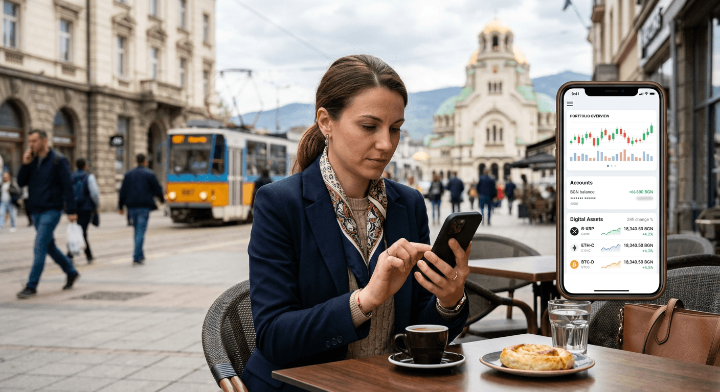A Bulgarian banking customer using a mobile app with an integrated digital asset portfolio
