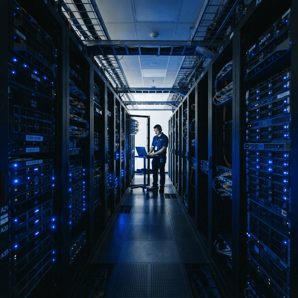 Server racks with indicator lights in a data center aisle