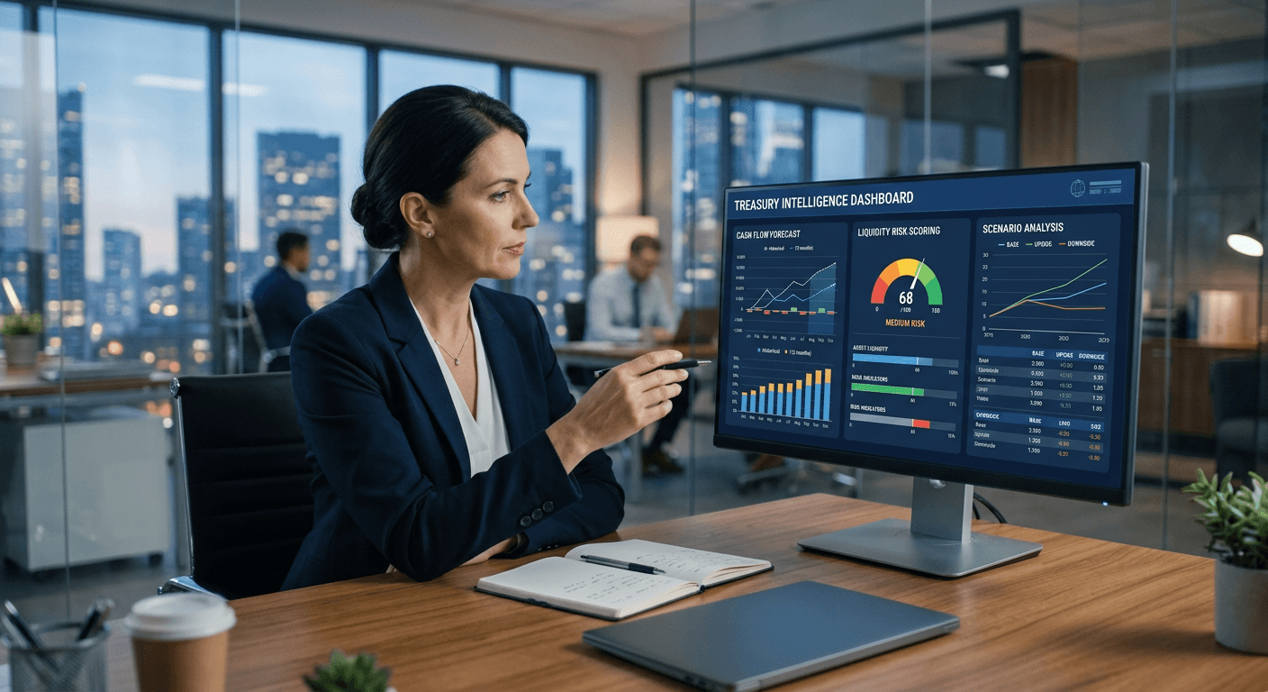 A CFO reviewing an agentic AI treasury dashboard with cash flow forecasts
