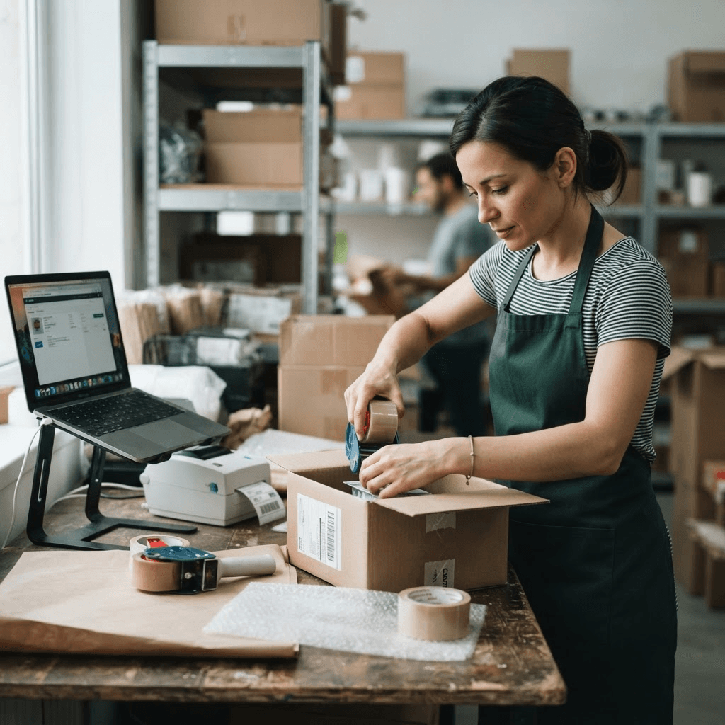 An online merchant packing an international shipping box next to a laptop showing an order confirmation