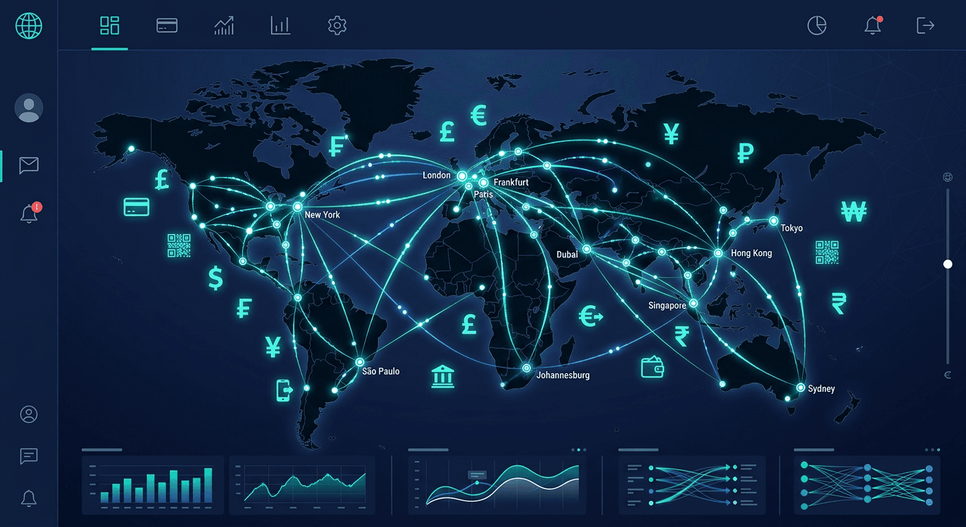 A fintech dashboard displaying a world map with glowing transaction routes between major cities