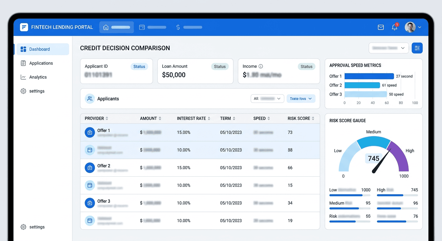 A lending dashboard interface showing a credit decision panel with a risk score gauge