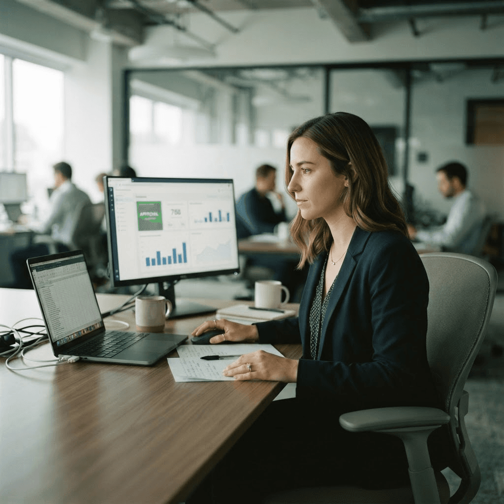 A lending analyst reviewing a credit decision dashboard on a laptop and monitor
