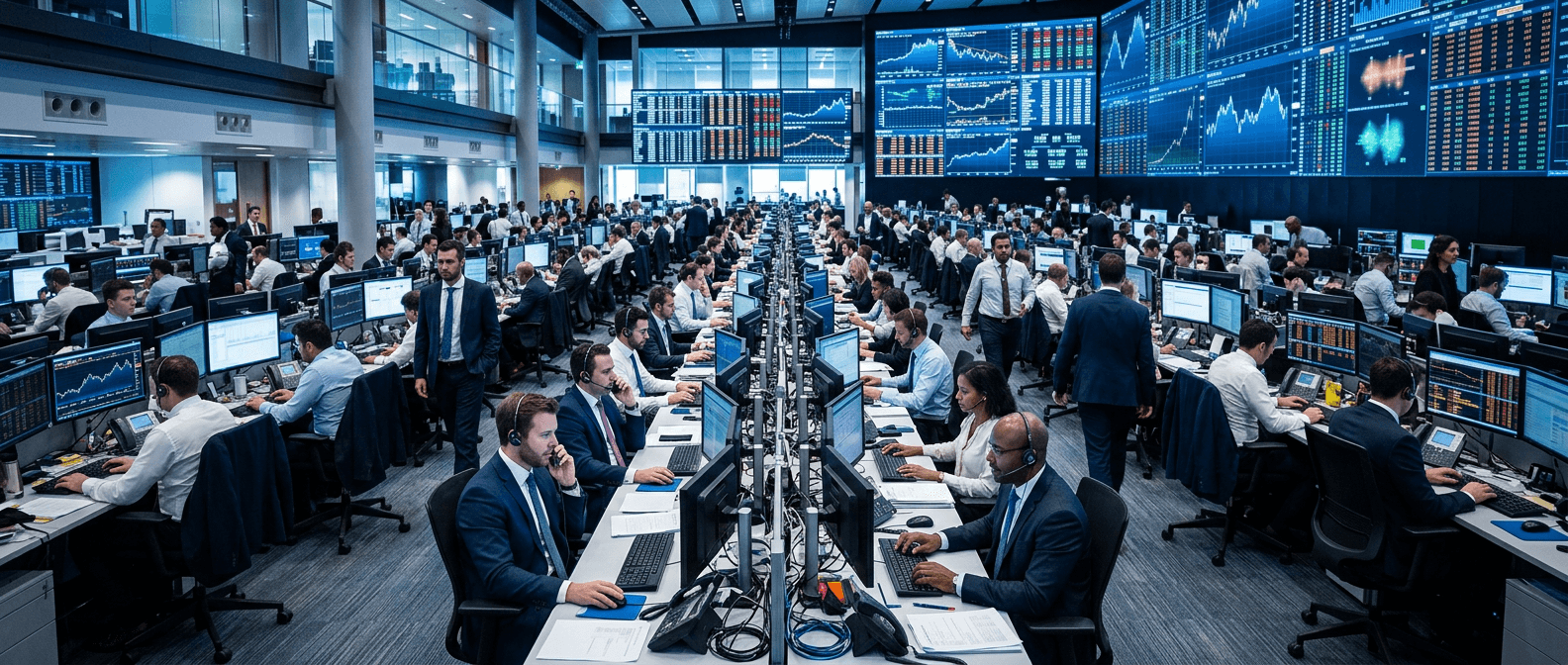 A modern financial trading floor with multiple screens displaying market charts