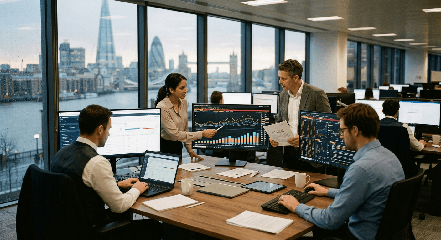 Institutional credit analysts reviewing public and private credit intelligence dashboards