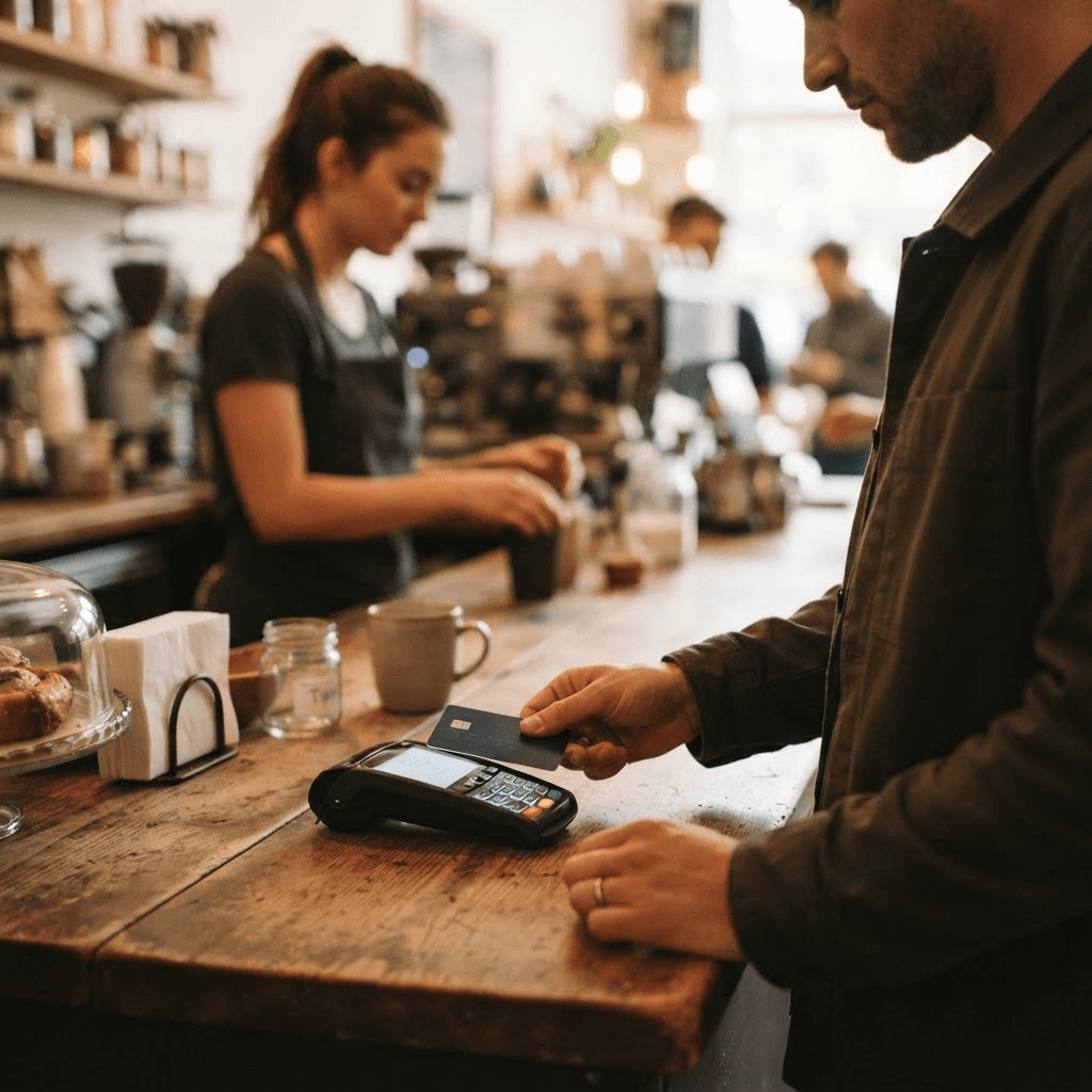 A customer tapping a card on a payment terminal at a cafe counter