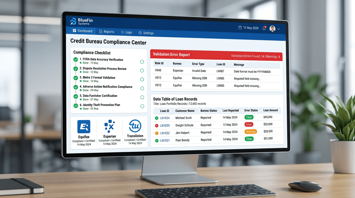 A dashboard screen showing credit bureau compliance checks and a data validation report
