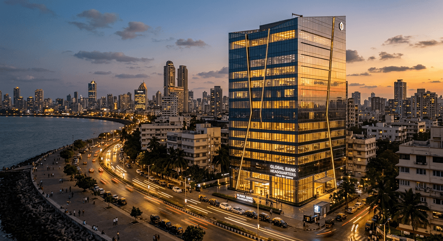A modern glass bank headquarters tower in Mumbai at dusk
