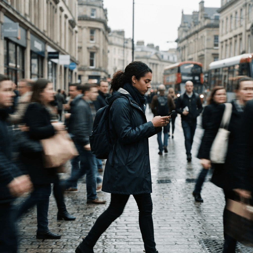A commuter checking a banking app on their phone while walking through a busy city street