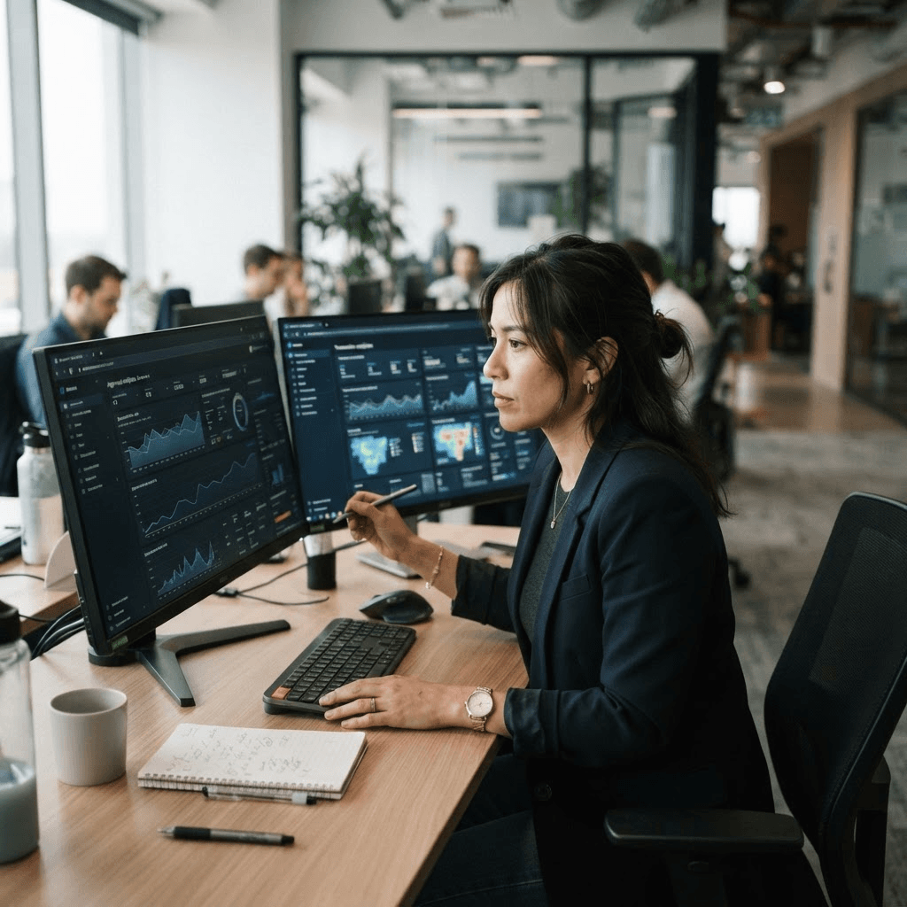 A merchant operations manager reviewing an approval-rate analytics dashboard across two monitors