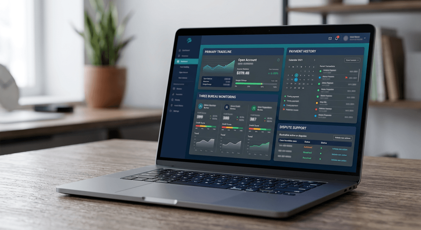 A personal credit-building dashboard showing bureau monitoring and tradeline history