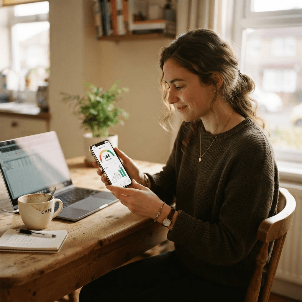 A person at a kitchen table checking a credit-score gauge on their phone