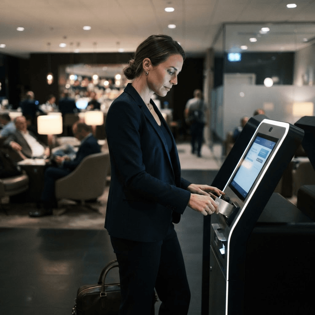 A traveler using a premium credit card at an airport lounge check-in kiosk