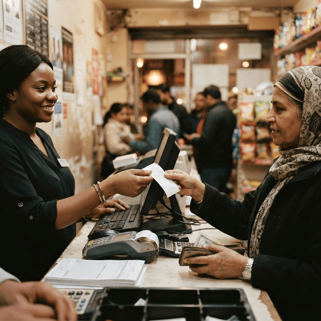 A customer receiving a printed receipt at a money-transfer storefront counter
