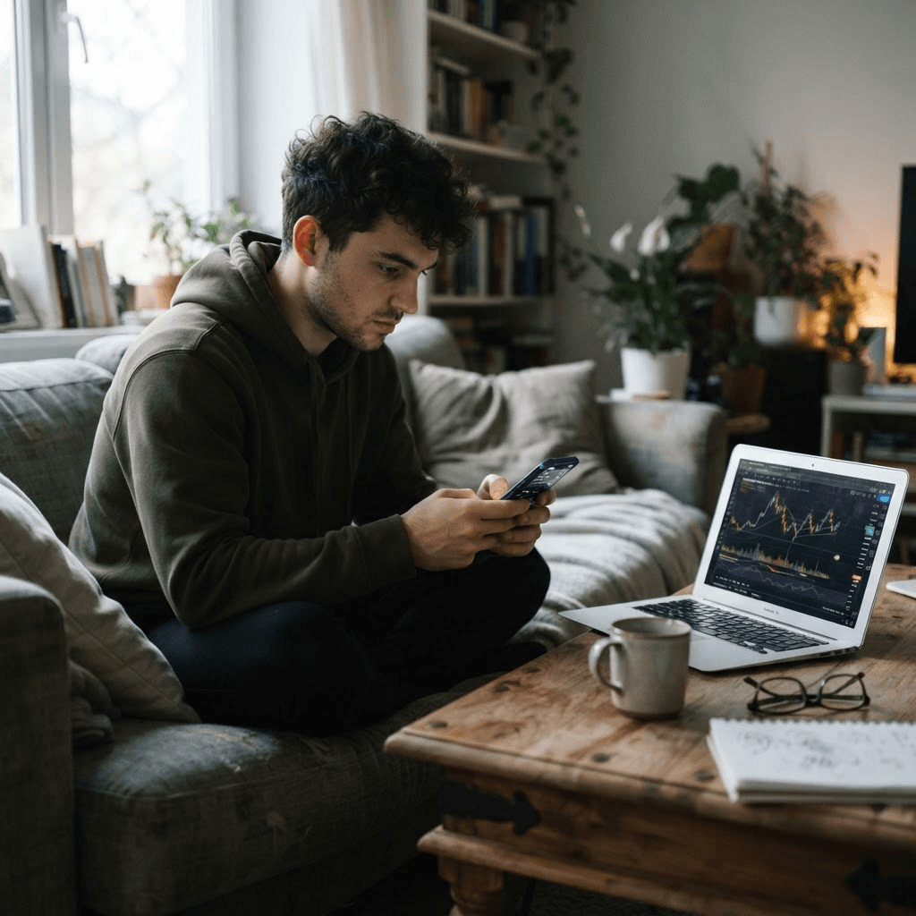 A young retail investor checking a stock-trading app on a smartphone at home