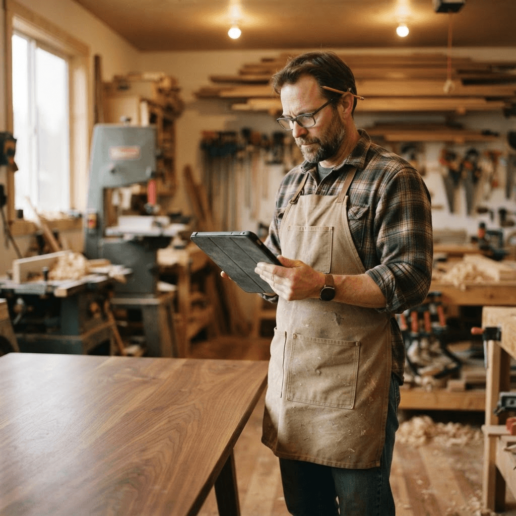 A small business owner reviewing a payment schedule on a tablet next to a finished furniture piece
