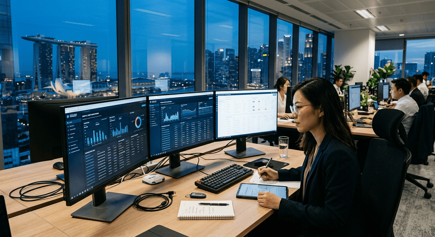 A Singapore financial operations office reviewing digital-asset compliance dashboards