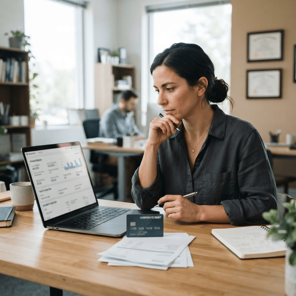 A small business owner reviewing an operating account balance and invoices on a laptop at a desk