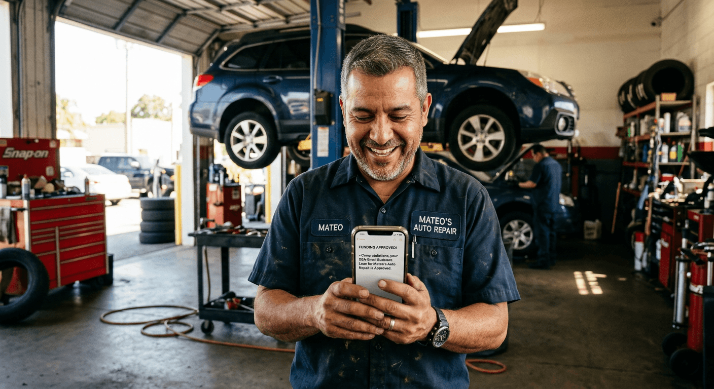 A small business owner smiling while checking a funding approval notification on a smartphone in his auto repair shop