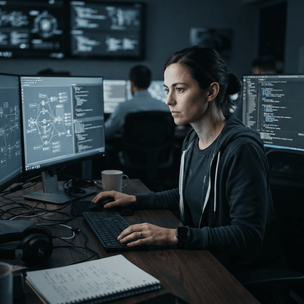 A security engineer reviewing code and a network diagram across two monitors