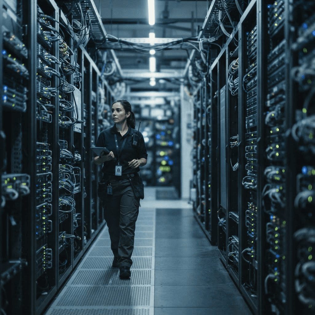 A data-center technician walking between rows of server racks with status lights