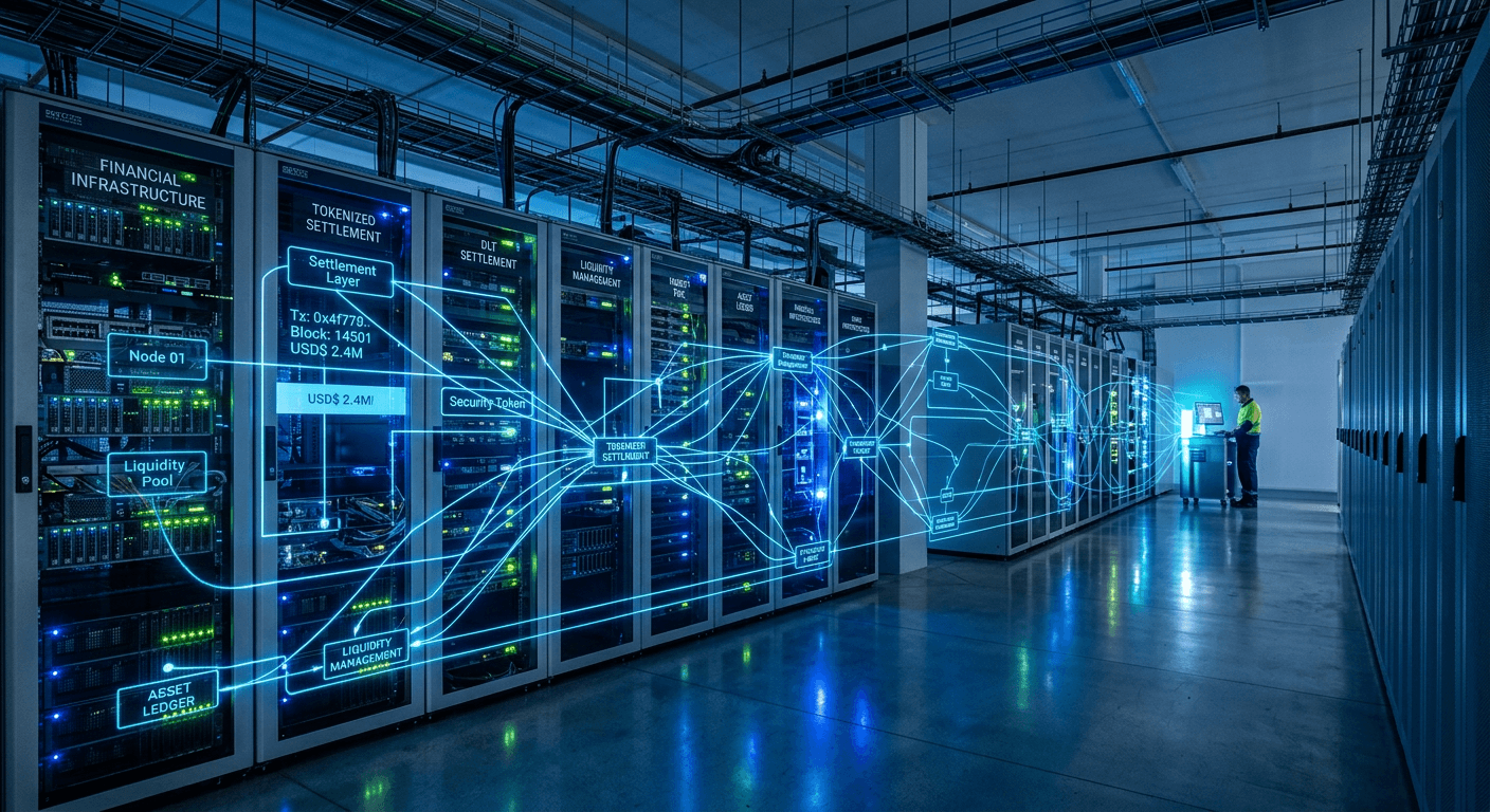 A data center server room with glowing blue network connection lines representing financial settlement infrastructure