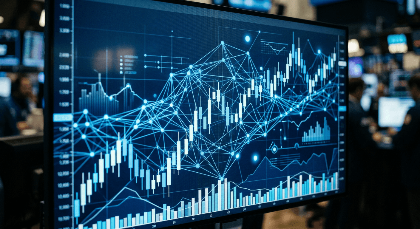 A close-up of a financial trading screen showing digital asset network graphics overlaid with price charts