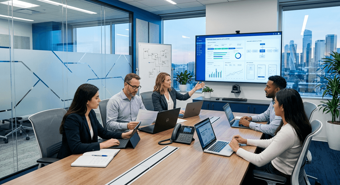 A fintech team reviewing a proposed bank charter application and digital finance platform