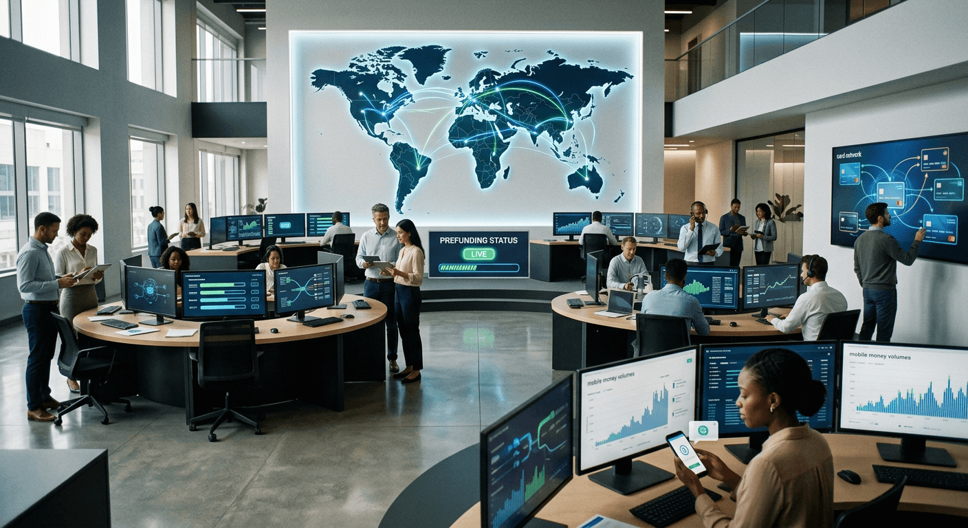 Global payout operations showing USDC prefunding flowing through a payments network