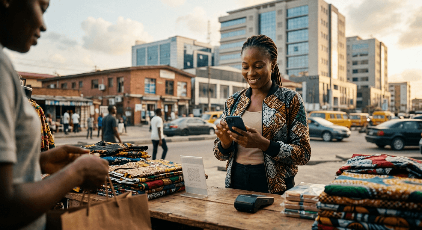 A small-business owner using a smartphone for digital payments in an African city