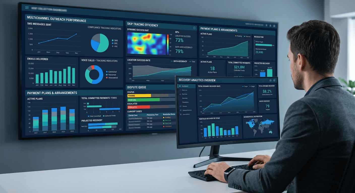 An AI debt collection dashboard showing compliant outreach, payment plans and recovery analytics