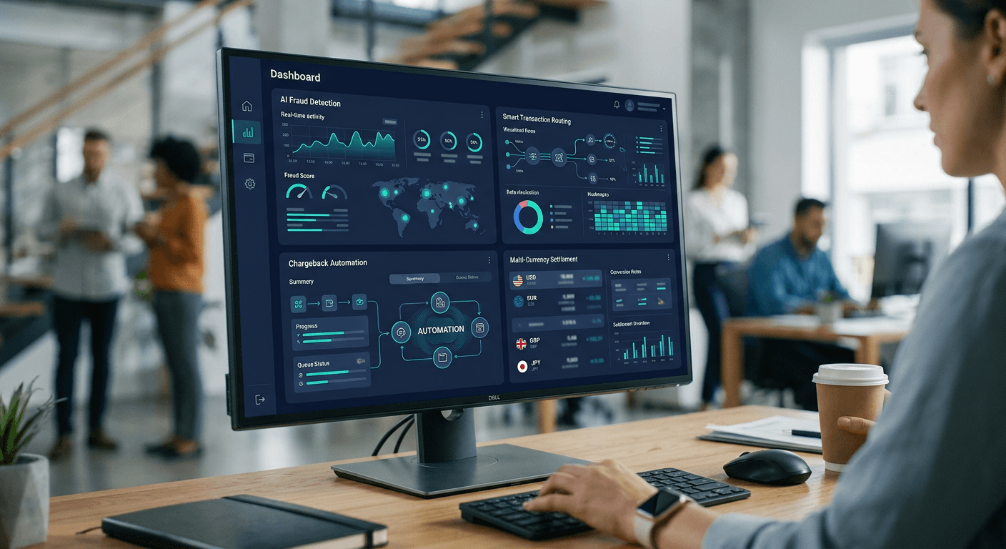 An AI payment processing dashboard showing fraud detection and transaction routing
